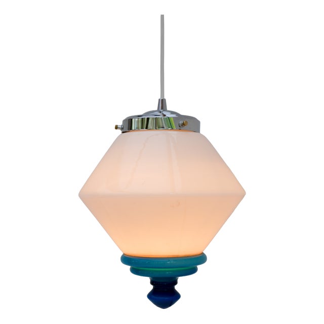 Scandinavian Art Deco Milk Glass Pendant Light with Azure Blue Details, 1930s For Sale