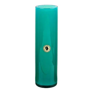 Vintage Murano Teal Blue Green White Opal Italian Art Glass Round Cylinder Flower Vase With Label For Sale