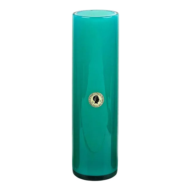 Vintage Murano Teal Blue Green White Opal Italian Art Glass Round Cylinder Flower Vase With Label For Sale