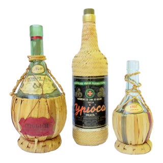 1940s Wicker Covered Bottles / Candleholders, S/3 For Sale