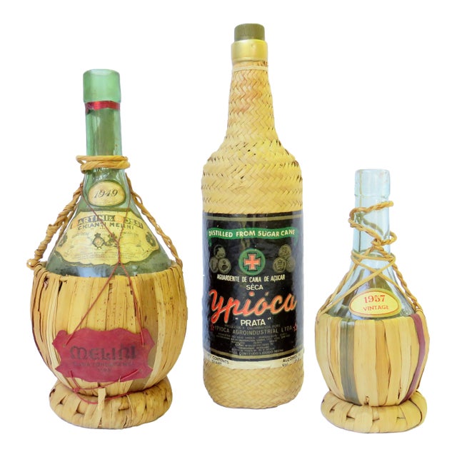 1940s Wicker Covered Bottles / Candleholders, S/3 For Sale