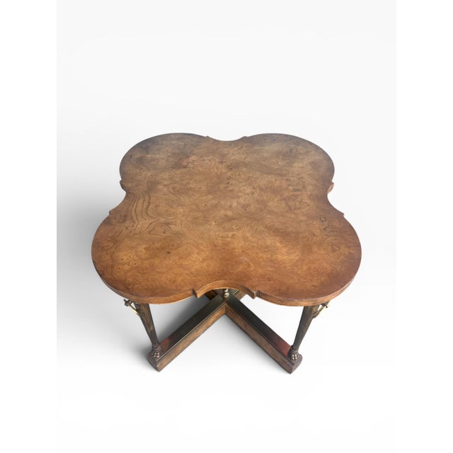 1970s Attributed Mastercraft Neoclassical Burl Wood & Brass Accent Side Table For Sale - Image 5 of 15