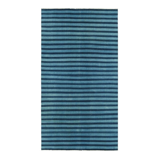 Rug & Kilim's Oversized Contemporary Dhurrie Rug in Blue Geometric Stripes - 14x20 For Sale