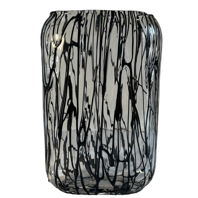 Dale Chihuly Black Graphic Pilchuk Torpedo Shaped & Rectangular Murano Style Art Glass Vases- A Pair For Sale - Image 4 of 18