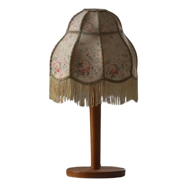 Early 20th Century Art Deco Danish Wooden Table Lamp with Floral Shade, 1920s For Sale