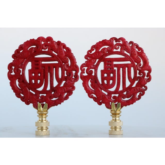 Fu Symbol Chinese Carved Stone Lamp Finials on Brass Hardware - A Matching Pair For Sale In Madison - Image 6 of 9