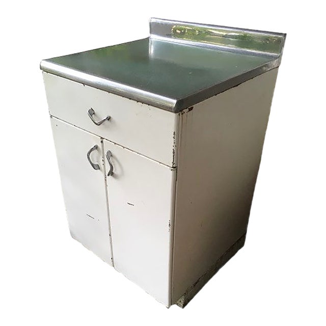 Vintage 1950s Metal Kitchen Cabinet W/ Formica Top 36"h Mid Century For Sale