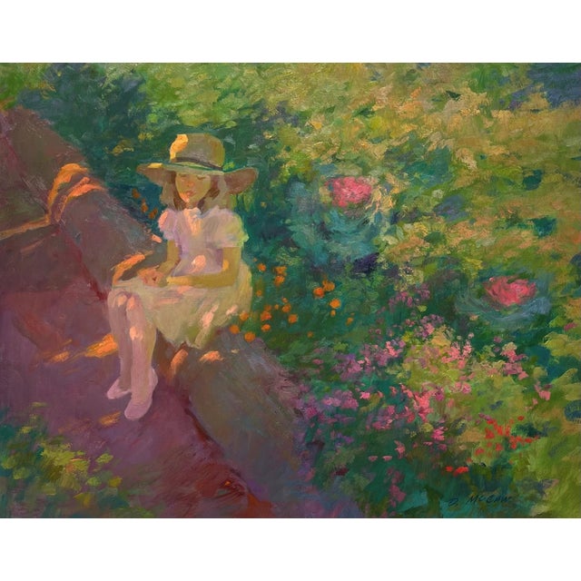 In the Garden by Dan McCaw | Oil Painting of a girl sitting in a vibrant garden For Sale
