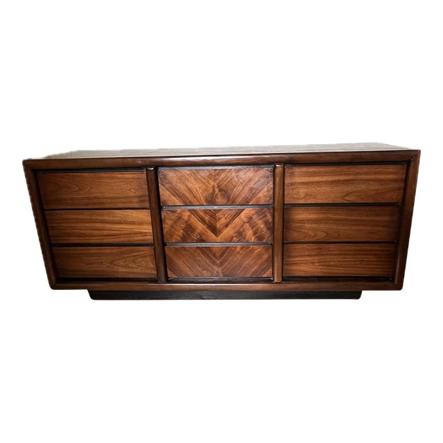 Mid-Century Modern Chevron Book-Matched Walnut Dresser by Lane Alta Vista Furniture Company, C. 1970’s For Sale
