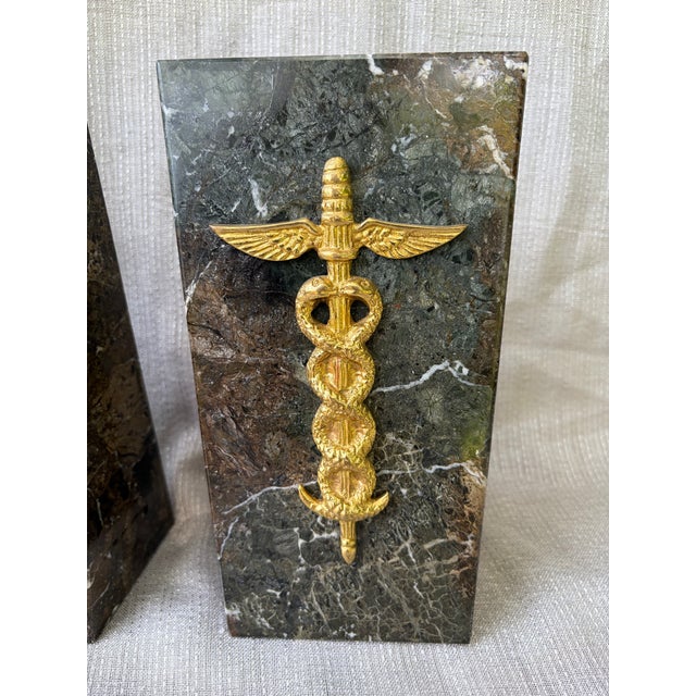 1980s Heavy Medical Caduceus Brown Gray Italian Marble Bookends a Pair For Sale - Image 14 of 15