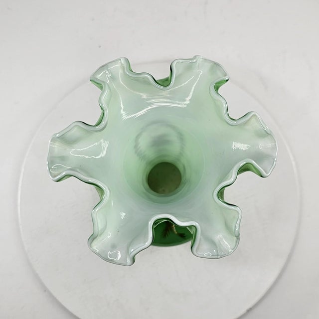 Vintage Fenton Art Glass Vase Charleton Awco Green Overlay Roses Hand Painted For Sale - Image 9 of 11