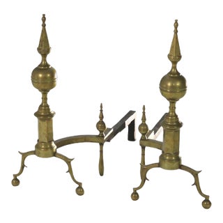 Pair Antique Federal Brass & Wrought Iron Lemon Top Andirons C1810 For Sale