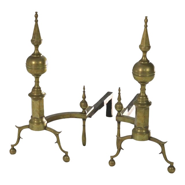 Pair Antique Federal Brass & Wrought Iron Lemon Top Andirons C1810 For Sale