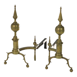 Pair Antique Federal Brass & Wrought Iron Lemon Top Andirons C1810