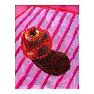 Contemporary Apple Still Life Painting, Colorful Acrylic and Oil Pastel on Paper, 9x12 For Sale