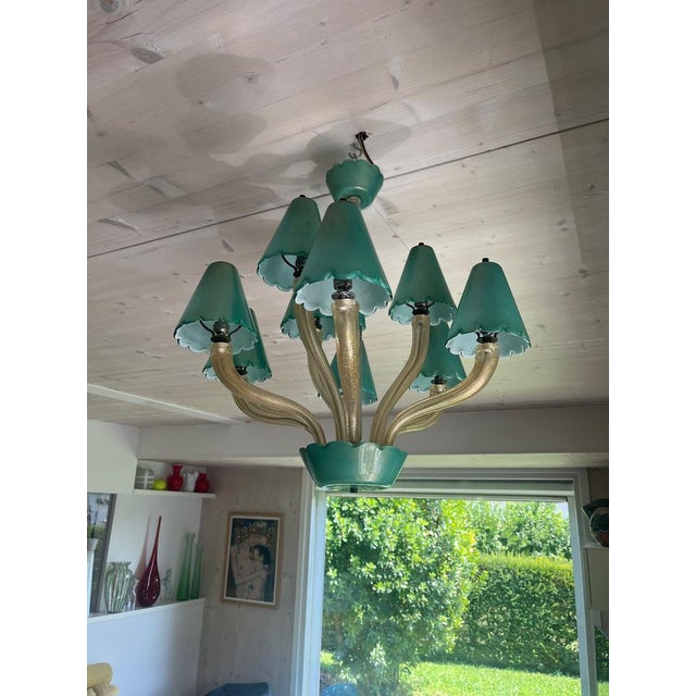 Glass Murano Chandelier with Green Gold Leaf 24K, 1960s For Sale - Image 7 of 11