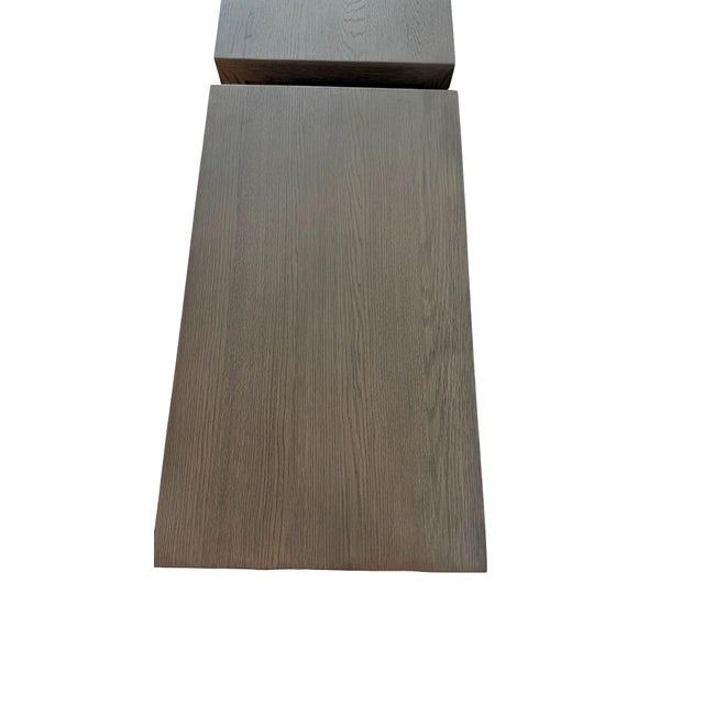 Elevate your bedroom with this beautiful pair of authentic Restoration Hardware Kempton Nightstands in the Gray Oak...