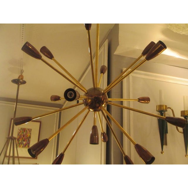 Mid-Century Modern Bespoke Brass and Copper Sputnik Chandelier With 14 Arms For Sale - Image 3 of 7