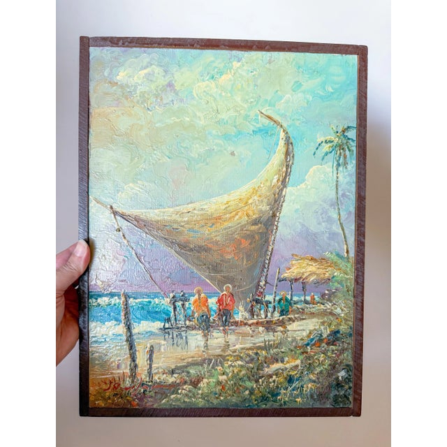 Blue "Jangadas" Mid Century Modern Framed Acrylic Painting on Canvas, by S. Aguilar Navarro For Sale - Image 8 of 9