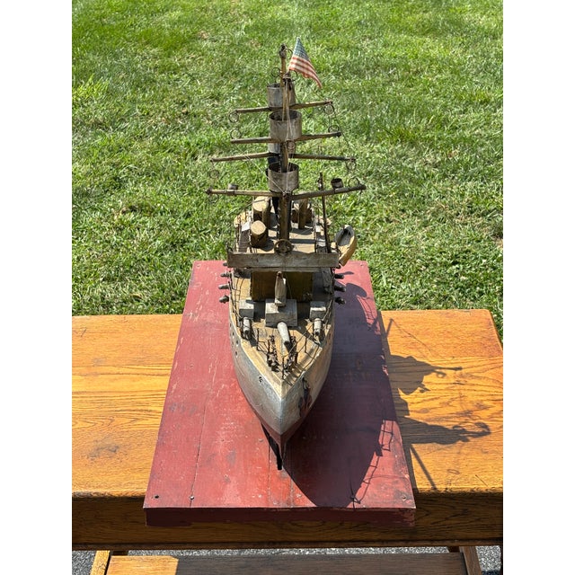 Late 19th C. American Primitive Folk Hand-Crafted Battleship Model on Base For Sale - Image 6 of 17