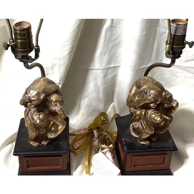 Bombay Monkey Brass Lamps. See No Evil, Hear No Evil, Speak No Evil - a Pair For Sale - Image 10 of 11