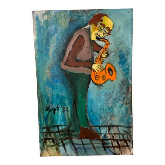 “Saxophone Player” 1982 Vintage Oil on Canvas by Meyer Kupferman For Sale