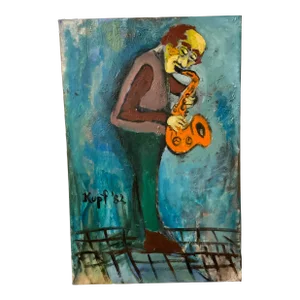 “Saxophone Player” 1982 Vintage Oil on Canvas by Meyer Kupferman