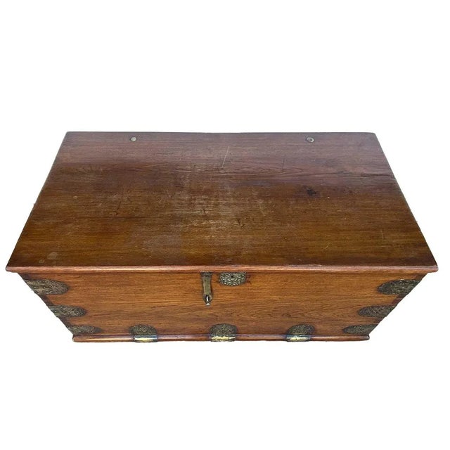 Rustic Mid 18th Century Indo-Portuguese Goan Brass Mounted Teak Storage Trunk on Wheels For Sale - Image 3 of 17