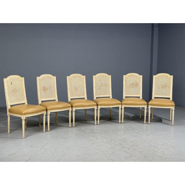 Gustavian (Swedish) Louis XVI Style, Six Dining Chairs, Painted Wood, Cane, Leather, 20th C. For Sale - Image 3 of 13