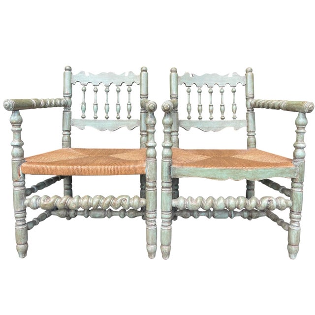 Pair of Charles Pollock for William Switzer English spindle back armchairs featuring spiral turned arms and stretchers,...