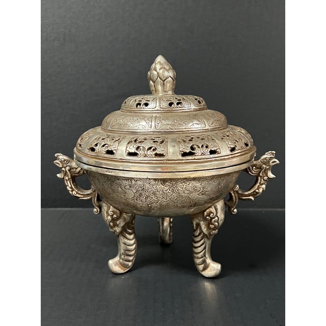 Late 20th Century Late 20th Century Chinese Art Silver Gilt Bronze Metal Incense Burner For Sale - Image 5 of 11