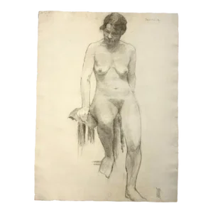 Antique 19th C. Realist Female Nude Study, Signed (Charcoal on Wove Paper)