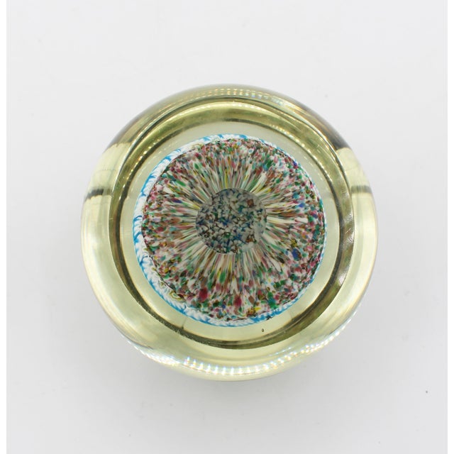 Mid-20th century large Murano glass millefiori paperweight. Yellows & blues with white predominant. Look underneath to see...