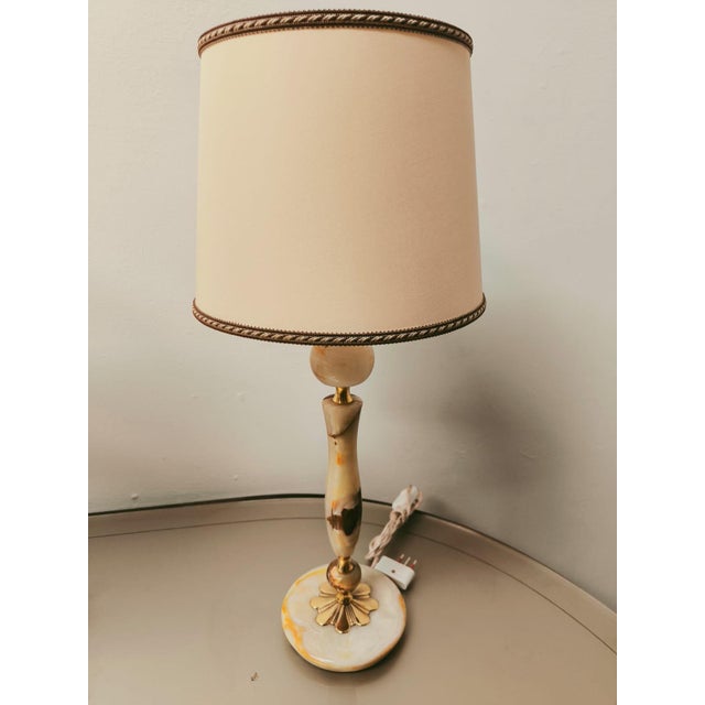 Onyx Lamp with Lampshade and Brass, 1950s, in Very Good conditions. Designed 1950 to 1959 European Plug (up to 250V).The...