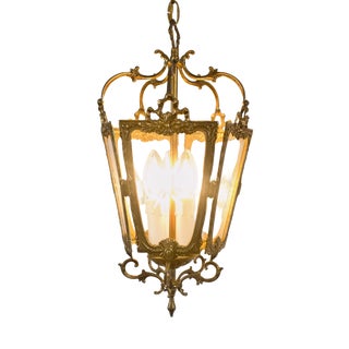 Brass Hanging Lantern with Three Lights and Cut Glass For Sale