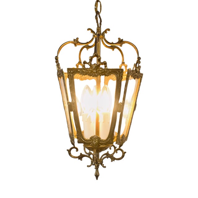 Brass Hanging Lantern with Three Lights and Cut Glass For Sale
