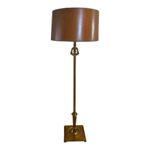 1950s Vintage Mid Century Stiffel Brass Knocker Floor Lamp With Mid-Century Modern Wood Grain Drum Shade