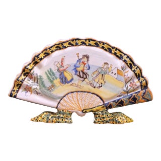 19th Century French Porquier-Beau Quimper Fan-Form Vase With Breton Figures For Sale