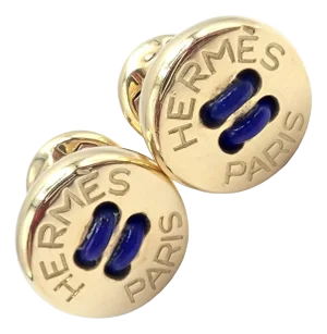 Late 20th Century Vintage Authentic Hermes Paris Yellow Gold Mens Lapis Button Cufflinks - Set of 2