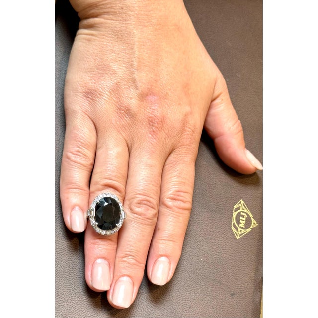 10.96 Ct Mid Night Blue Sapphire & 1 Ct Diamond Cocktail Ring, Platinum, Estate For Sale - Image 12 of 18