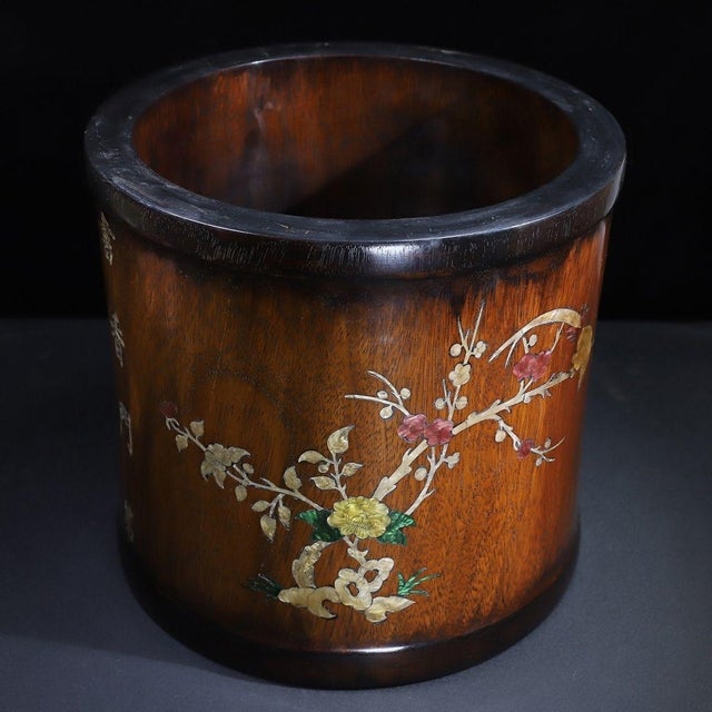 This is a substantial and exquisitely crafted cylindrical brush pot (or bitong), featuring intricate mother-of-pearl...