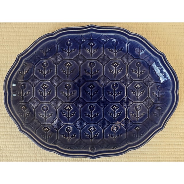 Ceramic Mid 20th Century Set of Six Blue Glazed Stoneware Plates and Platters With Relief Floral Pattern - Set of 6 For Sale - Image 7 of 10