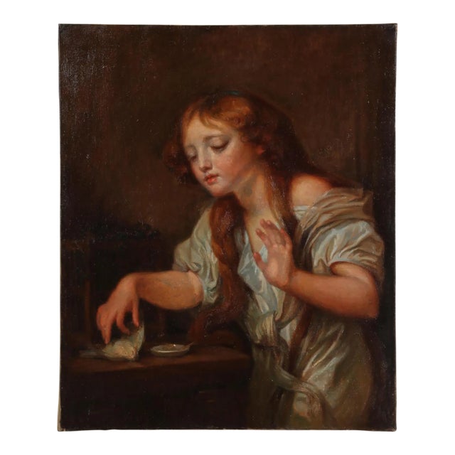 Antique Oil Painting of a Young Girl With a Bird After Jean-Baptiste Greuze For Sale