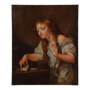 Antique Oil Painting of a Young Girl With a Bird After Jean-Baptiste Greuze
