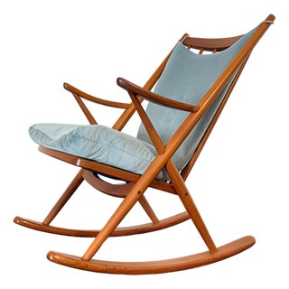 Teak Rocking Chair with Mohair Velvet Cover in Ice Blue by Frank Reenskaug for Bramin, Denmark, 1960s For Sale