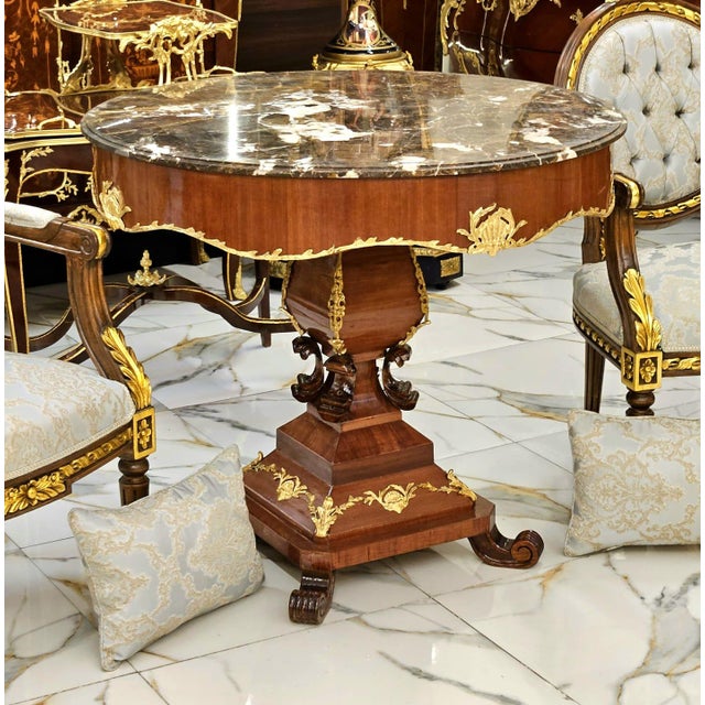 Round Marble Top Center Table With Hand-Carved Wood Pedestal & Gold Leaf Accents For Sale - Image 4 of 4