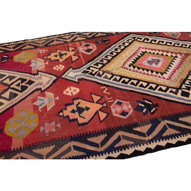Tribal 1960s Vintage Turkish Kilim Red Handmade Tribal Wool Rug For Sale - Image 3 of 8