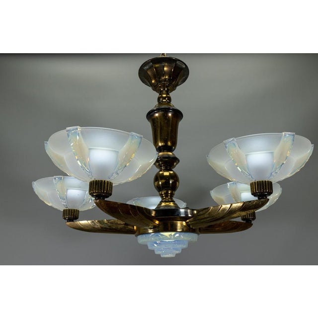 Art Deco Bronze and Opalescent Glass Six-Light Chandelier attributed to Ezan, France For Sale - Image 17 of 18