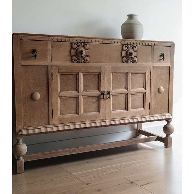 Very heavy solid highly functional early 1900s Tiger Oak quarter sawn solid wood sideboard | buffet with hand-carved...