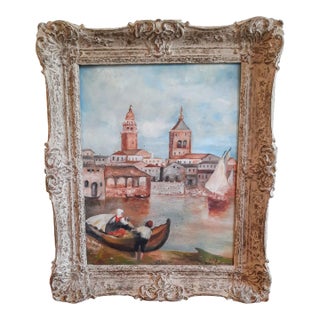 Italian Venetian Fisherman Village Seaside Painting Signed For Sale